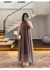 KAHVE YAKA BAĞCIKLI ELBİSE-3438