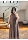 KAHVE YAKA BAĞCIKLI ELBİSE-3438