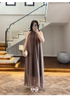 KAHVE YAKA BAĞCIKLI ELBİSE-3438