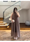 KAHVE YAKA BAĞCIKLI ELBİSE-3438