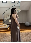 KAHVE YAKA BAĞCIKLI ELBİSE-3438