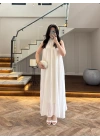 EKRU YAKA BAĞCIKLI ELBİSE-3438