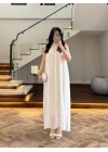 EKRU YAKA BAĞCIKLI ELBİSE-3438