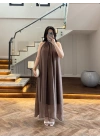 KAHVE YAKA BAĞCIKLI ELBİSE-3438