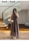 KAHVE YAKA BAĞCIKLI ELBİSE-3438