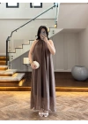 KAHVE YAKA BAĞCIKLI ELBİSE-3438