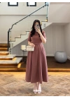 KİREMİT KISA KOL KETEN ELBİSE -2402