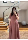 KİREMİT KISA KOL KETEN ELBİSE -2402