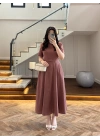 KİREMİT KISA KOL KETEN ELBİSE -2402