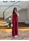 KIRMIZI ASİMETRİK BLUZ PANTOLON TAKIM-8784