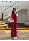 KIRMIZI ASİMETRİK BLUZ PANTOLON TAKIM-8784