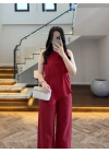 KIRMIZI ASİMETRİK BLUZ PANTOLON TAKIM-8784