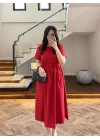 KIRMIZI BEL BÜZGÜLÜ CEPLİ ELBİSE-30731