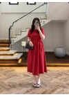 KIRMIZI BEL BÜZGÜLÜ CEPLİ ELBİSE-30731