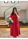 KIRMIZI BEL BÜZGÜLÜ CEPLİ ELBİSE-30731