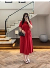 KIRMIZI BEL BÜZGÜLÜ CEPLİ ELBİSE-30731