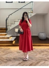 KIRMIZI BEL BÜZGÜLÜ CEPLİ ELBİSE-30731