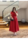 KIRMIZI ÖNÜ DÜĞMELİ KEMERLİ ELBİSE -3976