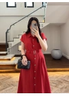 KIRMIZI ÖNÜ DÜĞMELİ KEMERLİ ELBİSE -3976