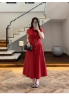 KIRMIZI ÖNÜ DÜĞMELİ KEMERLİ ELBİSE -3976