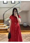 KIRMIZI ÖNÜ DÜĞMELİ KEMERLİ ELBİSE -3976