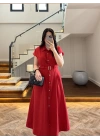 KIRMIZI ÖNÜ DÜĞMELİ KEMERLİ ELBİSE -3976
