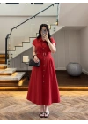 KIRMIZI ÖNÜ DÜĞMELİ KEMERLİ ELBİSE -3976