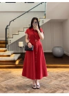 KIRMIZI ÖNÜ DÜĞMELİ KEMERLİ ELBİSE -3976