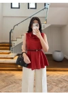 KIRMIZI PARÇALI KETEN BLUZ -5544