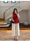 KIRMIZI PARÇALI KETEN BLUZ -5544
