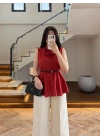KIRMIZI PARÇALI KETEN BLUZ -5544