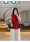 KIRMIZI PARÇALI KETEN BLUZ -5544
