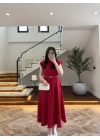 KIRMIZI VATKALI KEMERLİ ELBİSE -4066