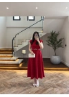 KIRMIZI VATKALI KEMERLİ ELBİSE -4066