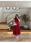 KIRMIZI VATKALI KEMERLİ ELBİSE -4066