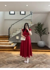 KIRMIZI VATKALI KEMERLİ ELBİSE -4066