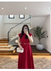 KIRMIZI VATKALI KEMERLİ ELBİSE -4066