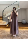 KOYU KAHVE YAKA BAĞCIKLI ELBİSE-3438