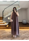 KOYU KAHVE YAKA BAĞCIKLI ELBİSE-3438