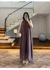 KOYU KAHVE YAKA BAĞCIKLI ELBİSE-3438