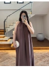 KOYU KAHVE YAKA BAĞCIKLI ELBİSE-3438
