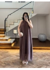 KOYU KAHVE YAKA BAĞCIKLI ELBİSE-3438