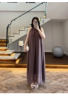 KOYU KAHVE YAKA BAĞCIKLI ELBİSE-3438