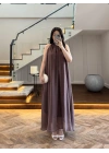 KOYU KAHVE YAKA BAĞCIKLI ELBİSE-3438