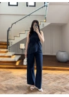 LACİVERT ASİMETRİK BLUZ PANTOLON TAKIM-8784