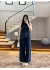 LACİVERT ASİMETRİK BLUZ PANTOLON TAKIM-8784