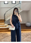 LACİVERT ASİMETRİK BLUZ PANTOLON TAKIM-8784