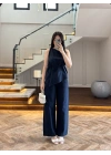LACİVERT ASİMETRİK BLUZ PANTOLON TAKIM-8784