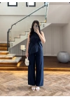LACİVERT ASİMETRİK BLUZ PANTOLON TAKIM-8784