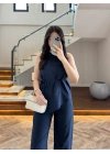 LACİVERT ASİMETRİK BLUZ PANTOLON TAKIM-8784